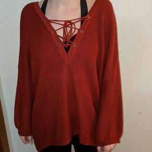 Burgundy Oversized Lace-up Sweater
